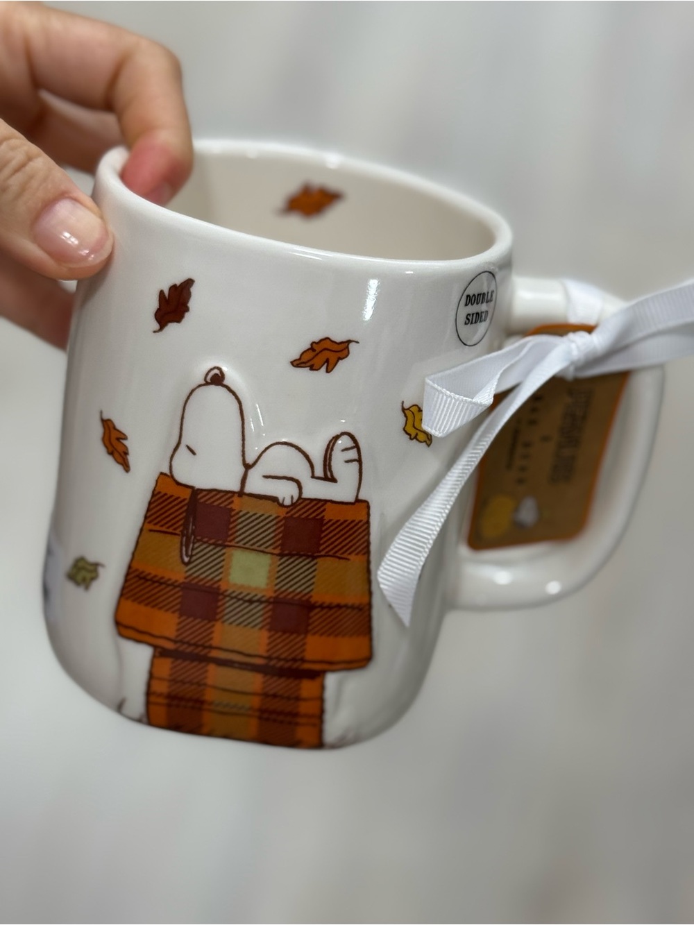 Rae dunn Peanuts Snoopy Fall Plaid Ceramic Mug - White & Orange